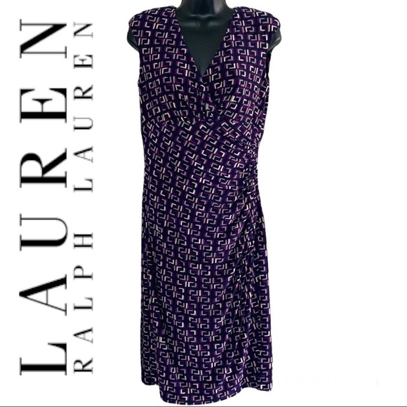 Ralph Lauren Purple Geometric Print Jersey Sheath Faux Wrap Dress Size 4 - Picture 1 of 13